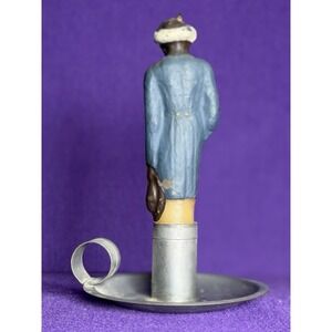 Vtg Americana Figural Wax Candle & Tin Chamberstick Early Folk Art Decor 5"